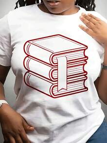 Camiseta casual de moda de cuello redondo del festival de primavera de las mujeres | Corto Sved Top con impresión especial del libro, adecuado para, entusiastas de lectura, día Gif - Blanco - Ver 2