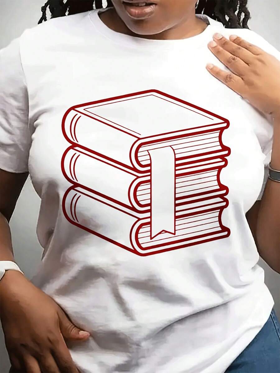 Camiseta casual de moda de cuello redondo del festival de primavera de las mujeres | Corto Sved Top con impresión especial del libro, adecuado para, entusiastas de lectura, día Gif