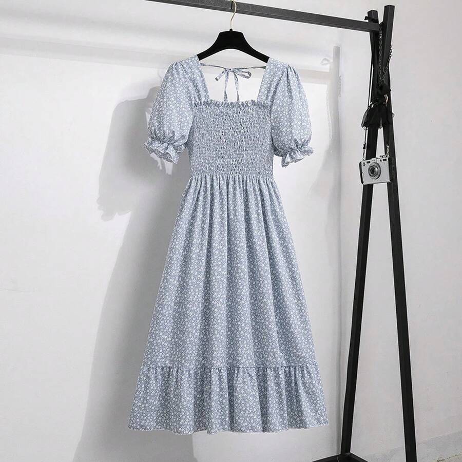 Primavera Verano Vestidos de gasa moda femenina cintura elástica manga corta plisado vestido Casual mujeres A-line Vestidos - lansebaixiaohua - Ver 1