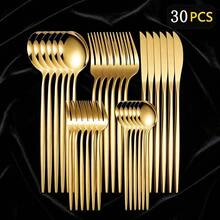30PCS Juego de cubiertos de acero inoxidable de, que incluye cuchillo para carne, tenedores, cucharas y cucharilla, tenedores de mesa, cucharas de mesa, tenedores para fruta, cucharilla pequeña para postre, cucharilla para café, adecuado para el hogar, restaurantes, hoteles, fiestas, bodas, juego de vajilla - Dorado - Ver 8