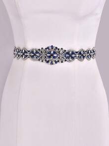 1 pieza Cinturón nupcial hecho a mano con strass azul marino, cinta de satén ajustable adecuada para boda, fiesta formal y decoración de vestido de noche - Azul marino - Ver 6