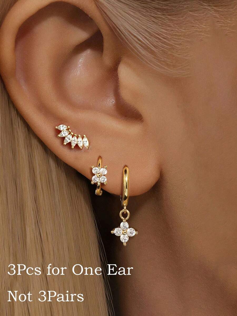 Bộ 3 khuyên tai vòng bằng thép không gỉ dành cho nữ, khuyên tai vòng hình hoa đính đá Cubic Zirconia, khuyên tai siêu nhỏ mạ vàng 14K, phù hợp với dái tai, sụn tai và nhiều vị trí khác, thích hợp cho tiệc tùng, ngày lễ và đeo hàng ngày. - Vàng-14# - Xem 1