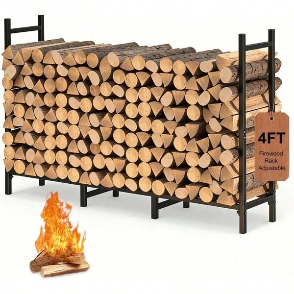 4 pies Estantería para leña para interiores y exteriores, soporte para troncos de alta resistencia para chimenea, organizador de almacenamiento de madera ajustable con acero tubular resistente a la intemperie, cuna para leña y apilado de troncos