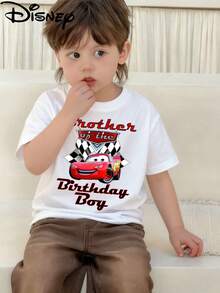 Disney Licensed Cars Lightning McQueen "Brother Of The Birthday Boy" Print Kids' T-Shirt, Cute Cartoon Casual Tee, Perfect For Daily Wear, Birthday Parties, Family Gatherings And Weekend Trips, Shipped From Local Warehouse - trắng - Xem 1