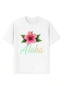 Women's Pure Cotton Hibiscus Aloha T-Shirt, Relaxed Fit, Summer Tops - White - View 6