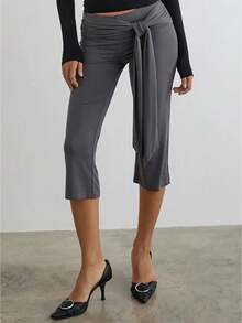 Women Y2k Polka Dot Printed Capris Cute Low Rise Stretchy Cropped Pants Side Bow Tie Skinny Capri Leggings Going Out - 灰色 - 查看 1