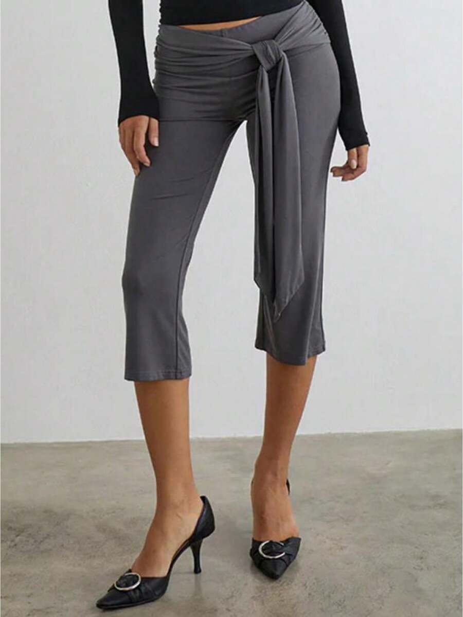 Women Y2k Polka Dot Printed Capris Cute Low Rise Stretchy Cropped Pants Side Bow Tie Skinny Capri Leggings Going Out - 灰色 - 查看 1