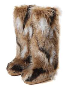 Womens New Faux Fur Snow Boots Round Toe Non Slip Fuzzy Fluffy Y2K Style Knee High Warm Furry Winter Boot Cozy Pull On Party Indoor Outdoor Casual Elegant Gifts Concert Tall Spring Brown Booties For Women - Nhiều màu - Xem 2