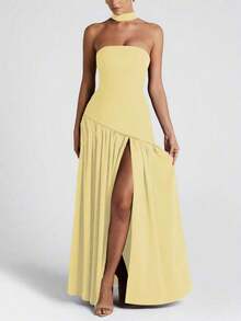 Vestido elegante y sexy de unicolor con abertura, adecuado para fiestas, vacaciones, boda de color marrón primaveral - Amarillo claro - Ver 2