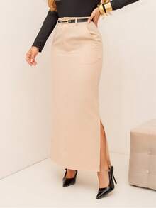 Women's Fashion Long Straight Linen Skirt In Two Colors With Black Belt. The Fabric Is Superior To Tailored Women's Fashion With A Side Slit, Button Closure, Zipper, And Side Pockets. Elegant And Casual. - 米色 - 查看 3