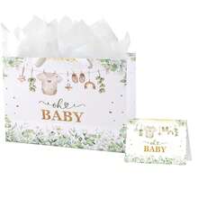 Bolsa de regalo para baby shower con diseño verde "Oh Baby" que incluye pañuelos y tarjeta - Bolsa de regalo grande de color verde suave con eucalipto, adecuada para baby shower de niño o niña - Decoración y envoltura de regalo unisex para baby shower - Multicolor - Ver 6