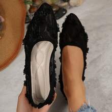 Elegant Pointed Toe Women's Flat Shoes, Knitted Casual Ballet Shoes, Plus Size Comfortable Slip-On Loafers, Suitable For Summer, Spring, Autumn, Versatile Bohemian Style Lace-Up Flat Shoes, Casual Walking Shoes, Slouchy Shoes, Chinese Style Flat Moccasins - Black - View 12