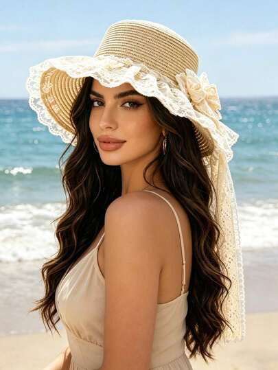 1pc Net Mesh Bowlace Lace Ribbon Straw Hat, Suitable For Wearing In Spring And Summer. It Is Suitable For Outdoor Activities, Beaches, Trips And Vacations. This Hat Has Features Such As Sun Protection, Breathability, Sweat Absorption, Multi-Functionality And A Compact Design.