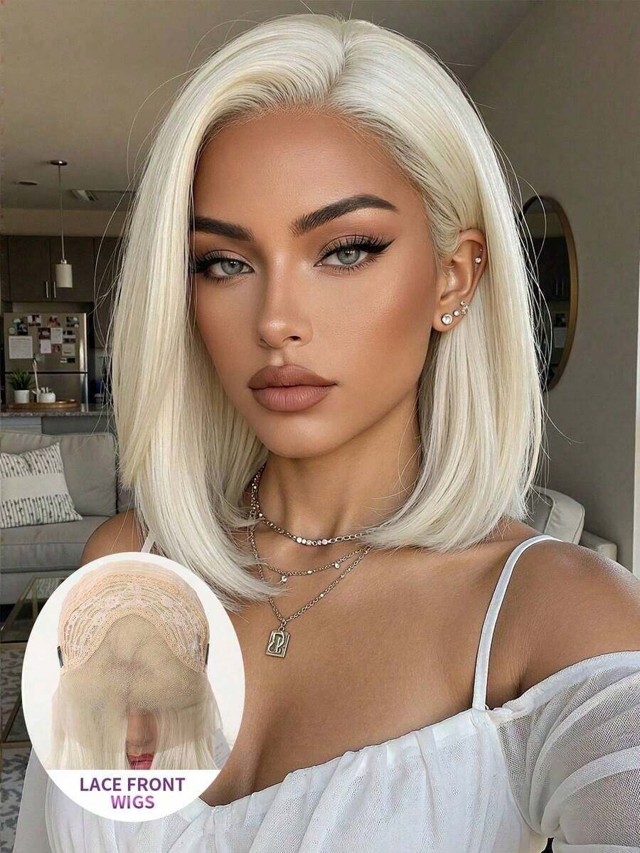 13*4 High Definition Lace Front Wig, 12 Inch Short Straight Bob Style Golden Wig For Women, Natural Glueless Synthetic Fiber Lace Wig, Suitable For Daily Wear, Perfect For Everyday, Parties And New Year Occasions - Gold - View 1