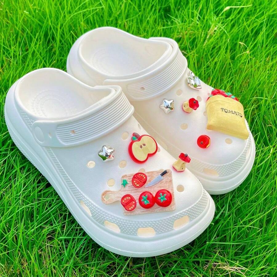 9pcs 3D Realistic Apple, Tomato, Vegetable, And Fruit DIY Decorative Accessories For Fun Garden Shoes, DIY Resin Silver Diamond Decorations Charms, Perfect For Pairing With Clogs, DIY Accessories, Birthday Gifts - Red - View 1