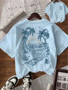 Casual Plus Size Round Neck Short Sleeve Tee With Beach Palm Tree Print - Baby Blue - View 4