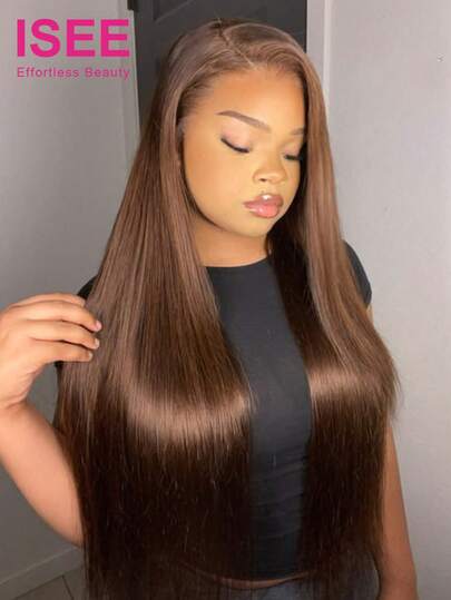 ISEE HAIR Wear Go 无胶直发透明 7*5 蕾丝假发，180% 密度，16-28 英寸常规尺寸，巧克力棕色，预剪蕾丝，预拔发际线，真人发丝，适合女性日常佩戴
