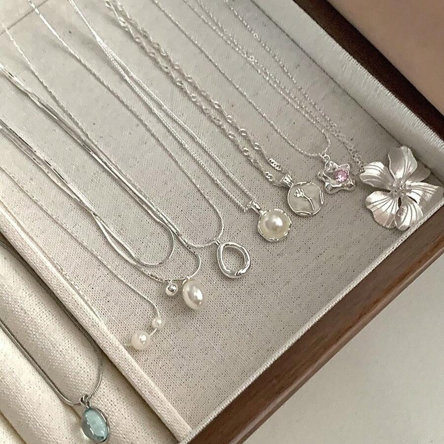 Minority Simple Style Argent Pur Pearl Sapphire Necklace Women Ins All-Match Non-Fading Clavicle Chain High-Grade Sense Ornament Jewelry Women Stainlees Steel Jewelry Cadena De Oro 14k Collares Summer Necklaces For Women Wedding Silver Jewelry Father's Day Beaded Necklace - XL2790 - 查看 1