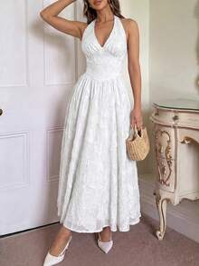 Women's Elegant White Spaghetti Strap Maxi Dress, Deep V-Neck Backless A-Line Design, Suitable For Holiday Parties, Christmas, New Year, Formal Occasions - White - View 6
