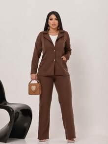Women's Tailored Suit Set With Blazer And Trousers, Elegant Office/Winter Style, Fabric, Zipper, Pocket, Buttons At The Front - 鏽棕色 - 查看 2