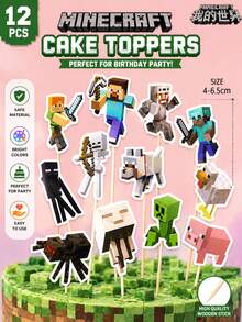 Minecraft 4/5/12/24pcs Cake Decorations Picks, Robot Building Block Pixel Green Theme Dessert Table Decor - Multicolor - View 10