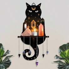 1pc Wooden Crystal Display Shelf, Home Decor Candle Holder, Moon Phase Jewelry Organizer, Rustic Style Floating Wall Shelf For Crystals, Stones, Essential Oils, Candles, Wall Decoration - Cat-shaped Storage Shelf - View 2