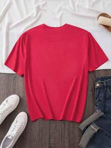 Short-Sleeved Blouse, New And Great, Vintage Blouses, Cute Top, 100% Cotton, Men's Shirts, Manfinity Graphic Tees For Men, Women's Book Lover Print T-Shirt - Summer Design Showing A Woman Reading And Stars, Made Of Stretch Polyester Fiber, Round Neck, Casual Short-Sleeved Top, Machine Washable, Suitable For Book Lovers, 100% Cotton. - 紅色 - 查看 3