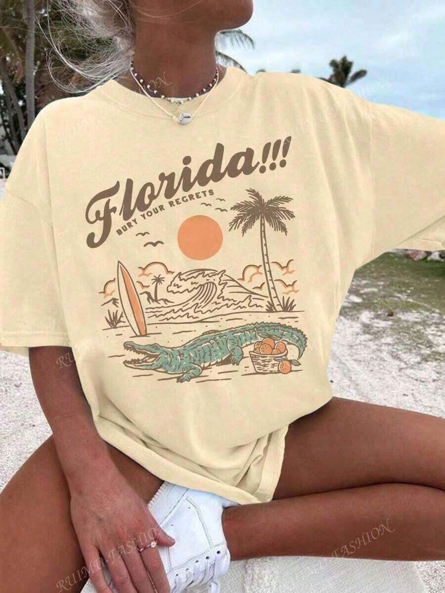 Camiseta de Verano para Mujer con Estampado de Palmeras de Florida - Camiseta Casual de Manga Corta para Vacaciones, con Gráficos de Palmeras y Tablas de Surf, Cuello Redondo, Ideal para Ropa de Verano y Playa.|   Camisa Estilo Vacaciones|   Ropa cómoda, Camisa de playa - Top corto blanco y azul marino con hombros descubiertos (Unisex) - Atuendo para el Día de San Patricio - Ropa de verano para mujer - Tops de verano para mujer - Top blanco - Atuendos de vacaciones para mujer - Albaricoque - Ver 1