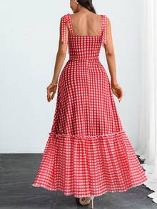 Vestido largo elegante, sexy y romántico de mujer con estampado de cuadros rojos retro y tirantes de mariposa - Rojo - Ver 3