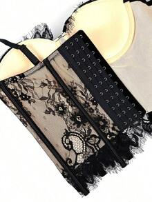 Top corset con adorno de encaje floral para mujer, elegante y casual para el verano - Negro 2 - Ver 8