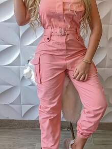 Womens Pink Sleeveless Cargo Jumpsuit High Waist Belted Jogger Romper Casual Multi Pocket Design - 西瓜粉 - 查看 2