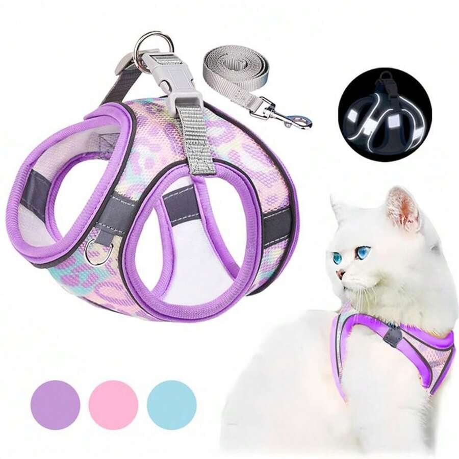 Juego de arnés de pecho y espalda con correa para mascotas, adecuado para perros pequeños, que incluye una correa, malla reflectante y transpirable con estampado, correa para perros pequeños para caminar, para todas las estaciones, un conjunto de arnés de pecho de malla transpirable y estampado de colores para mascotas. - Rosa Fucsia - Ver 1