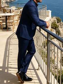 Men's TR Fabric Large Lapel 2-Piece Tuxedo Suit Jacket & Trousers, Fashionable Formal Wear, Comfortable For Wedding, Evening Party, Event, Holiday Celebration, All Season - Navy Blue - View 5