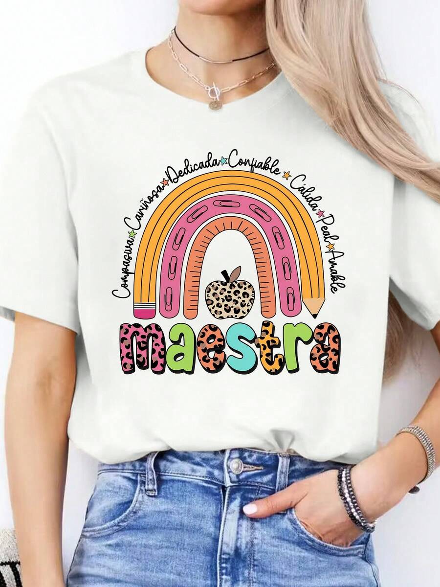 Mujeres alfabeto español - Imprimir camiseta - Aprendizaje del idioma español, casual corto Sve cuello redondo blusa para español Cl & vestido casual