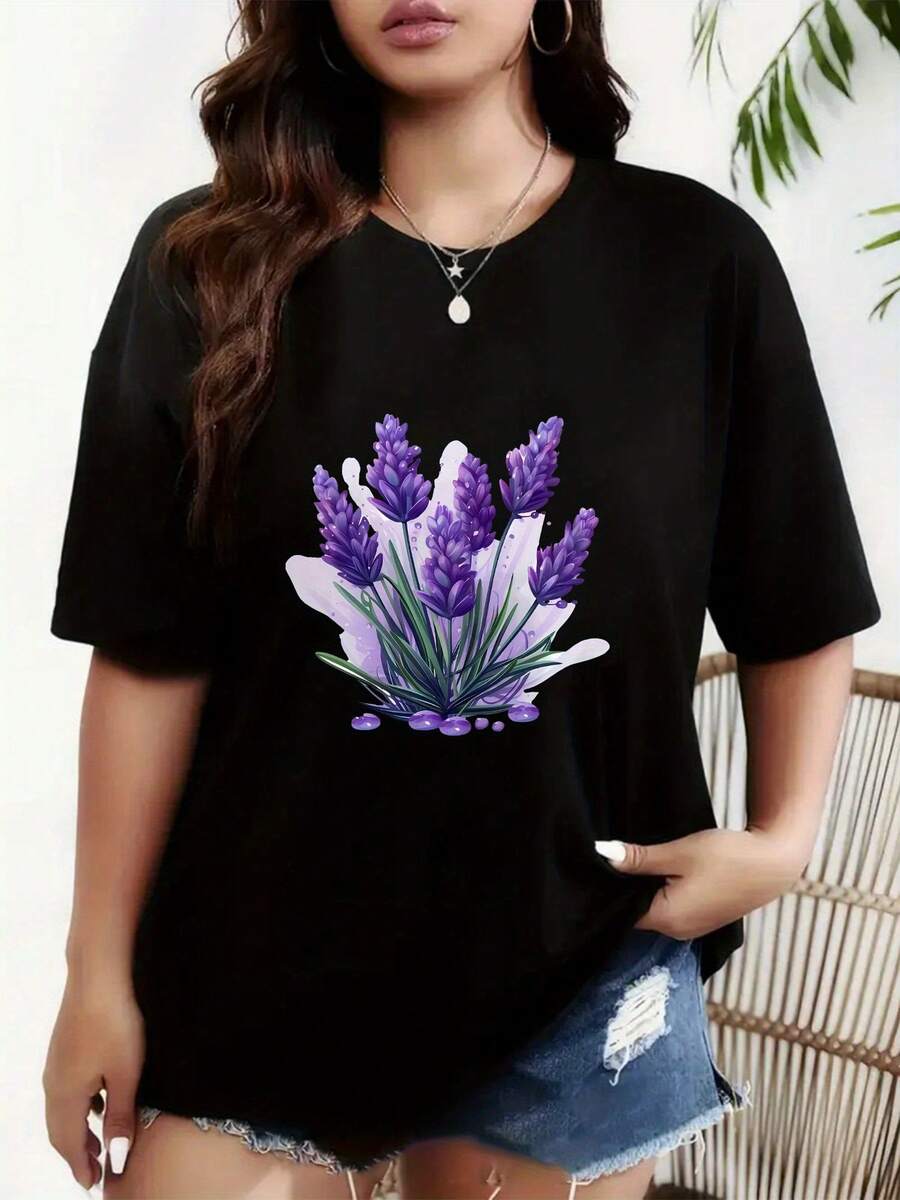 Tamaño más grande - Tamaño más grande - Un vestido de primavera y verano de las mujeres de tamaño más grande, con una camiseta de patrón de ramo de lavanda, con un cuello redondo y mangas cortas, top casual y elegante, traje de fiesta elegante, ajuste suelto, perfecto como regalo de vacaciones, diseño divertido
