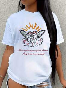 1 pieza de la mujer Vintage ángel patrón camiseta-blanco suelto Finspirational cita corta Sve Top, estiramiento suave para diario y Speciccasions, primavera y verano camiseta, hine lavable casual camiseta, diseño de moda de verano, tela transpirable - Blanco - Ver 2