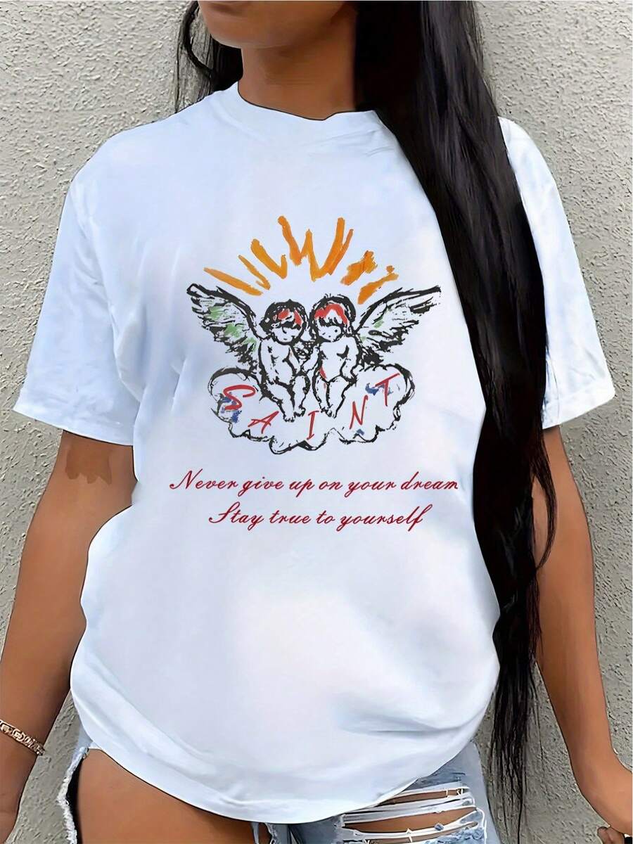 1 pieza de la mujer Vintage ángel patrón camiseta-blanco suelto Finspirational cita corta Sve Top, estiramiento suave para diario y Speciccasions, primavera y verano camiseta, hine lavable casual camiseta, diseño de moda de verano, tela transpirable