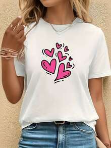 1 Camiseta de cuello redondo usual para mujer con estampado en forma de corazón del día de San Valentín, elegante, cómodo y transpirable Top de cuello corto adecuado para todas las estaciones, yo para adultos, mujeres y . - Blanco - Ver 2