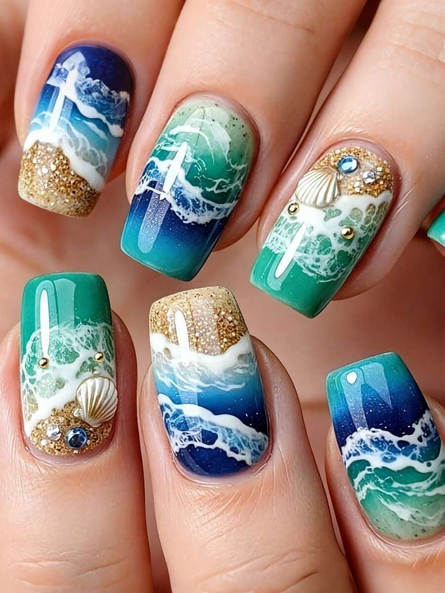 24片夏季海灘藍色海洋貝殼風磨砂圓頭中長假指甲,女性美甲裝飾 - 彩色 - 查看 1