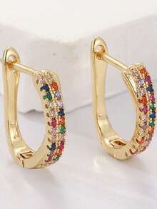 Style vintage élégant, boucles d'oreilles en alliage de cuivre de petite taille avec pierres synthétiques en zircone multicolores. Conception à la mode pour femmes, avec des pierres synthétiques en zircone multicolores sertie. Convient pour un usage quotidien, les vacances et diverses occasions - Multicolore - Voir 3