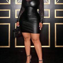 Veslaya Plus Size Women Turtleneck Mesh Patchwork Rhinestone Embellished Long Sleeve Party Dress - Negro - Ver 10