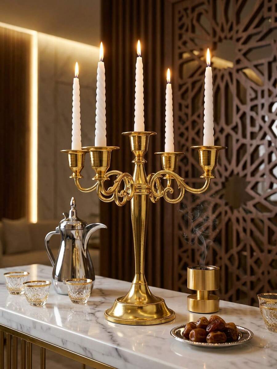 Elegant Multi-Arm Gold Candle Holder, Vintage European Style Home Decor, Creates Romantic Ambiance For Living Room, Wedding Anniversary, And Other Romantic Occasions. This Bohemian-Style Zinc Alloy Desktop Decor Is An Ideal Choice For Home Decoration, Fireplace Decor, Christmas Party, Housewarming Gift, Wedding, Restaurant, And Various Gatherings.