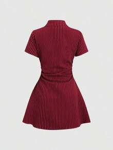 Vestido camisa a rayas rojas y negras, estilo dulce fresco, manga corta, corte ajustado, prenda imprescindible para verano - Verde Oliva - Ver 7