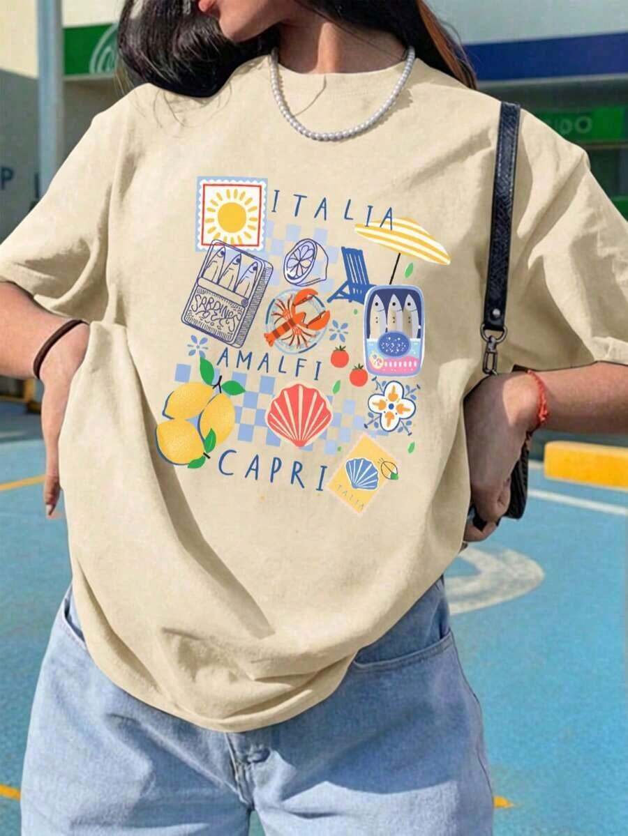 Nueva camiseta moderna y a la moda con estampado de limones de la isla de Capri, Amalfi, "Verano Europeo" para mujer. Estilo vintage italiano para vacaciones. Ropa de playa y vacaciones de moda. Camiseta unisex de algodón de manga corta y cuello redondo, estilo casual vintage urbano, color blanco. - Albaricoque - Ver 1