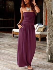 Fashionable European And Middle Eastern Black Skin Style Cut-Out Double Pocket Waist-Cinching Women's Dress - 紫紅色 - 查看 1