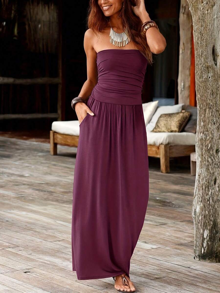 Fashionable European And Middle Eastern Black Skin Style Cut-Out Double Pocket Waist-Cinching Women's Dress - 紫紅色 - 查看 1