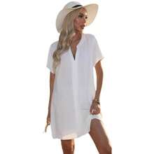 Sommer Casual einfaches V-Ausschnitt Hemdkleid Strandüberwurf Kleid - Weiss - Übersicht 4