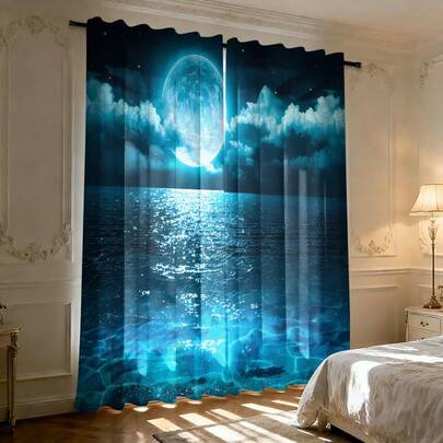 2pcs Moon Lake & Starry Sky Digital Printing Sheer Curtains, Fade-Resistant Polyester Material, Suitable For Home Windows, Bedroom & Living Room Decor, Hand/Machine Washable