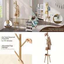 GREENSTELL - Perchero de madera no empotrado con estante, árbol de chamarra con 4 opciones de altura de 50 a 72 pulgadas para ropa, bolsa/sombreros, soporte para colgar para entrada/sala de estar - Natural - Ver 1