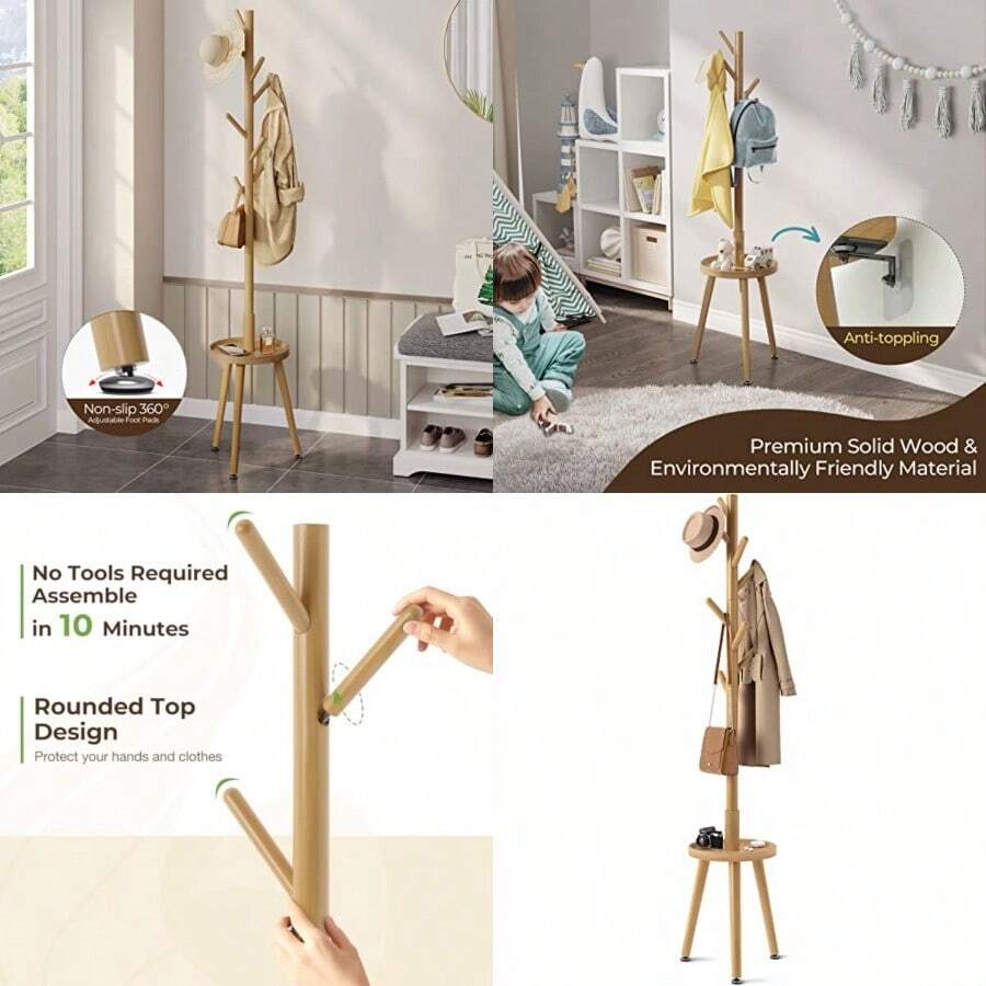 GREENSTELL - Perchero de madera no empotrado con estante, árbol de chamarra con 4 opciones de altura de 50 a 72 pulgadas para ropa, bolsa/sombreros, soporte para colgar para entrada/sala de estar - Natural - Ver 1